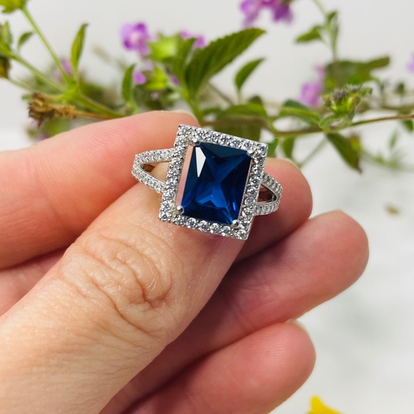 Blue Sapphire Rectangular Halo CZ Ring - Picture 3 of 5